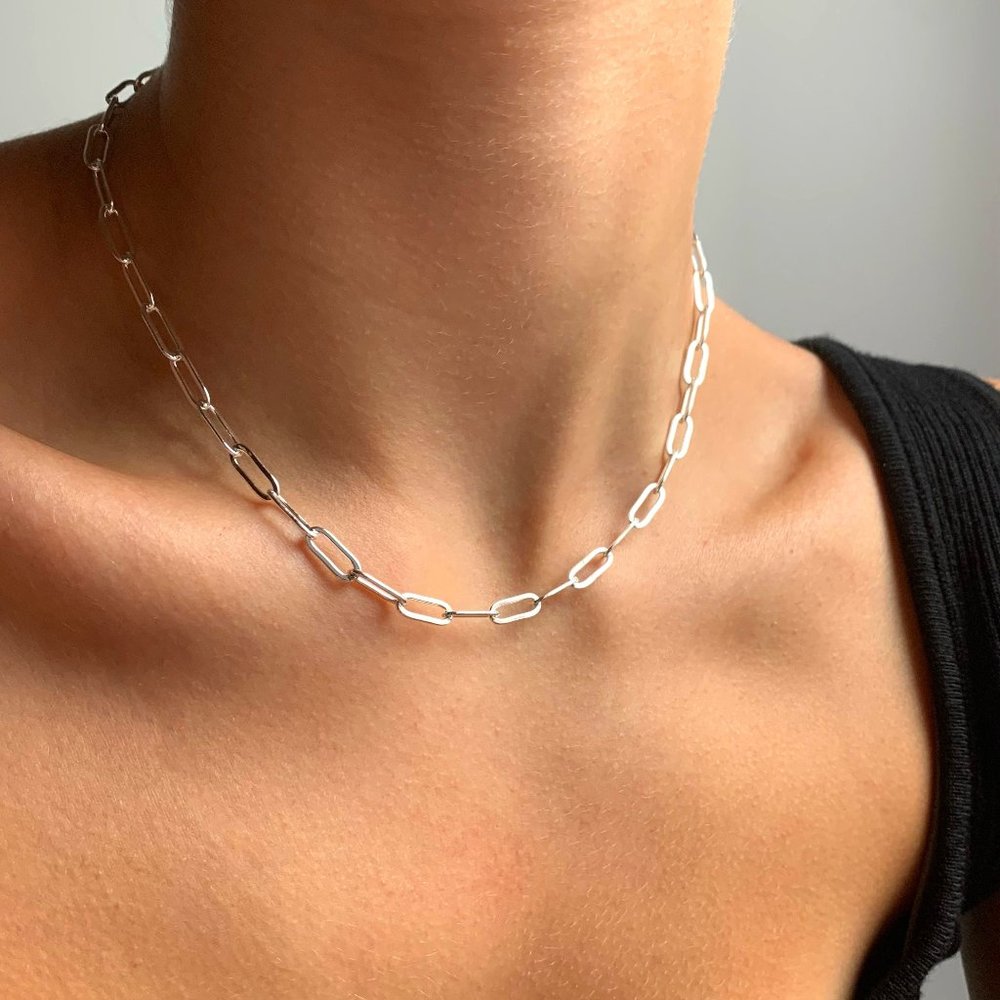 Sterling Silver Paperclip Chain Necklace Stamped 925 Silver Rectangle Link